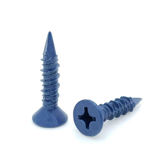 Vis à béton Phillips à tête plate en acier à faible teneur en carbone, bleu polymère