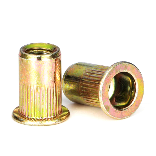 Hot Sale Flat Head Rivnut Threaded Insert Nut Knurled yellow Zinc Plated Finish Rivet Nut 